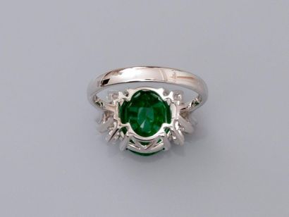 null White gold ring, 750 MM, set with a rare natural oval tsavorite weighing 5.54...