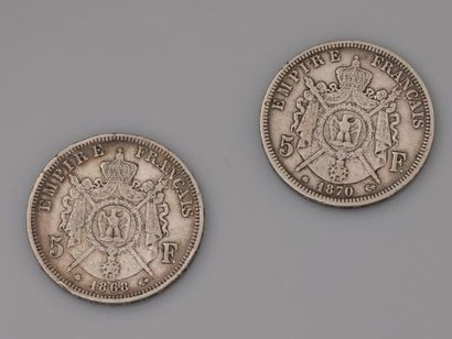 null Deux pièces de 5 F.en, argent 925 MM, 1868 et 1870, poids : 49,5gr. brut.