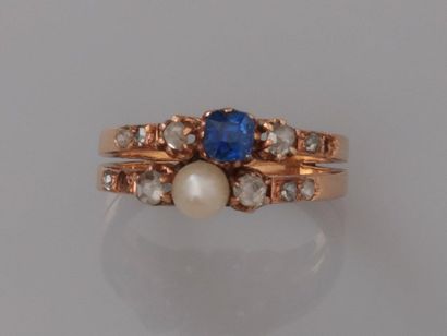 null Charming rose gold ring, 750 MM, decorated with a sapphire and small pearl,...