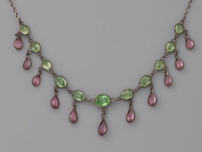 null Drapery necklace, silver 925 MM, centered with green and purple stones in setting,...