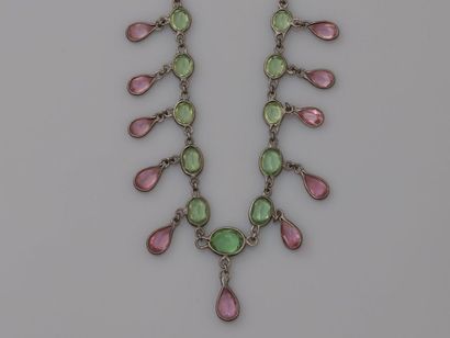 null Drapery necklace, silver 925 MM, centered with green and purple stones in setting,...