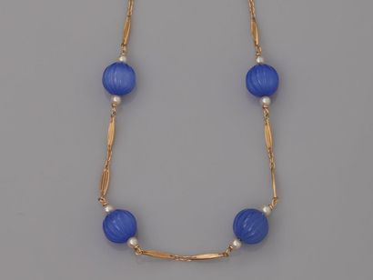 null Collier en or jaune, 750 MM, orné de perles bleues à godrons et petites perles...
