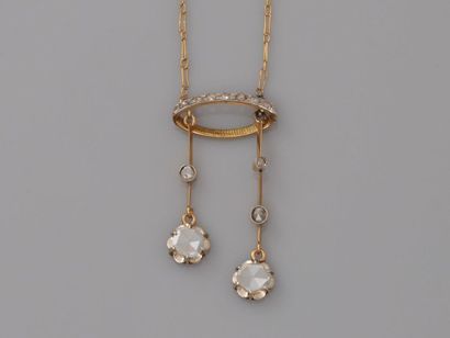 null Neglected" necklace in yellow gold, 750 MM, decorated with small pearls, central...