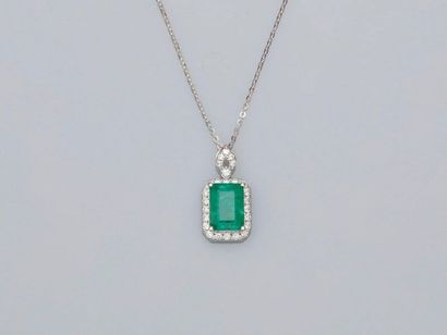 null Chain and pendant in white gold, 750 MM, adorned with an emerald cut emerald...