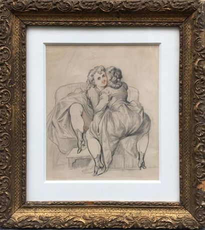 null [Unidentified Artist] The Two Friends, 19th century. Black pencil and coloured...