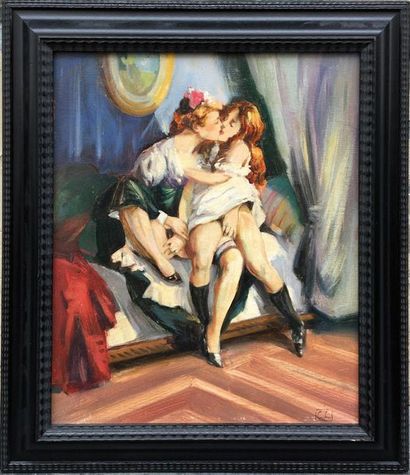 null Monogram C. L. Alcove scene, two girls, 20th century. Oil on isorel, 45 x 38...