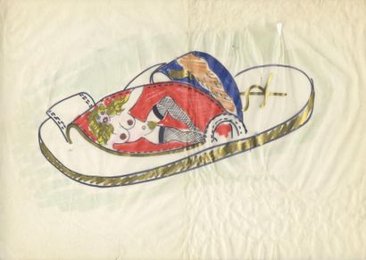 null Yves SAINT-LAURENT, according to... Slipper project, circa 1960. Watercolour...