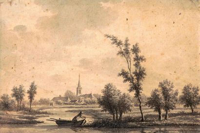 null École hollandaise du XVIIIe?siècle Paysage au chasseur sur une barque Plume...