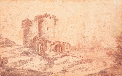 null Hubert ROBERT (1733-1808) d'après Paysage à la tour Sanguine Signée Hubert Robert...