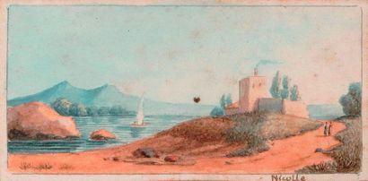 null Victor Jean NICOLLE (1754-1826) Paysage d’Italie au bord d'une rivière Plume...
