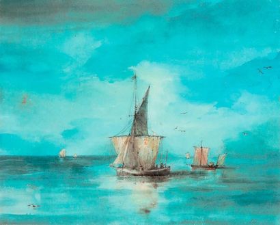 null Eugène ISABEY (1804-1886) Bateaux sur une mer calme Aquarelle monogrammée "EI"...