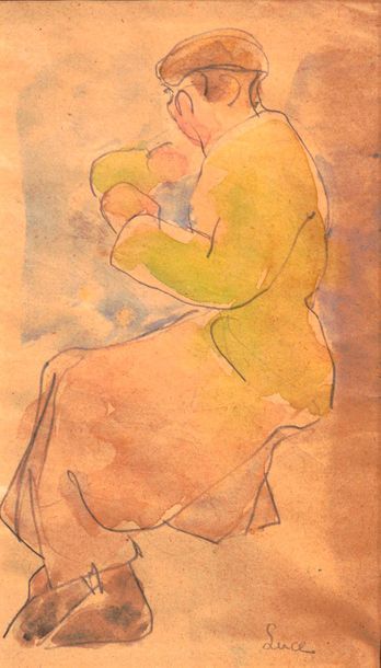 null Maximilien LUCE (1858-1941) Portrait of a woman with a bonnet, side view Watercolour...