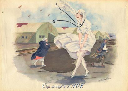 null Clovis TROUILLE (1889-1975) Coup de vent à l’H.O.E., 1917 Dessin à l’aquarelle...