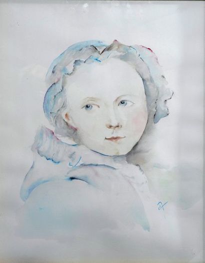 null Claire de Monteynard (born in 1968) L'enfant aux yeux bleus Watercolour Signed...