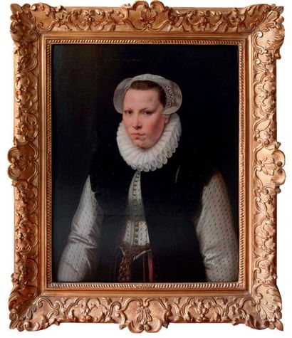 null Attribué à Thomas Adrian KEY (vers 1544-après 1589) Portrait de femme au bonnet...
