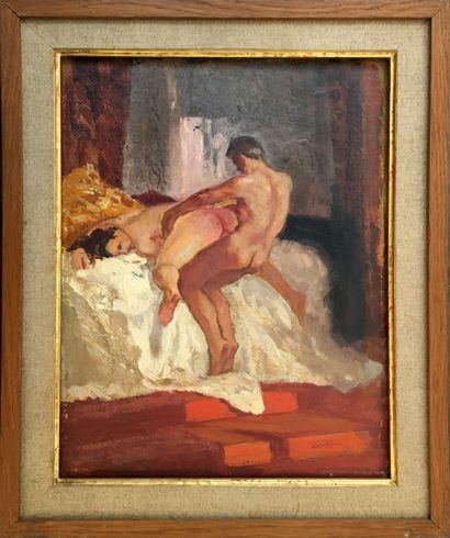 null LOBEL-RICHE. The Embrace, circa 1950. Oil on wood panel, 35 x 25 cm. Signed...