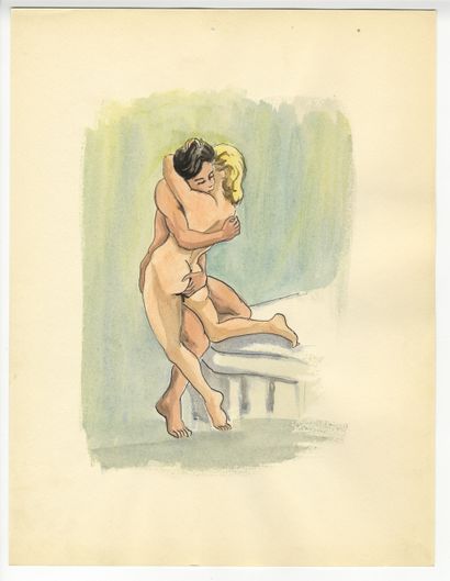 null [Unidentified Artist] Intimacies, ca. 1950. 9 ink and watercolour drawings,...