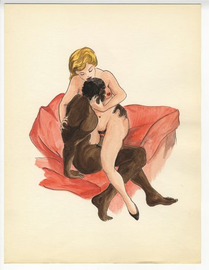 null [Unidentified Artist] Mixed couples, circa 1950. 2 ink and watercolour drawings,...