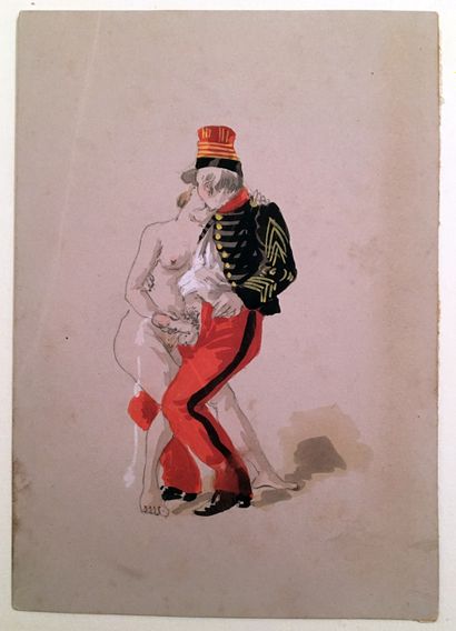 null [ROBERTY]. Fille à soldats vers 1890. 3 aquarelles, 15 x 10,5 cm chacune.