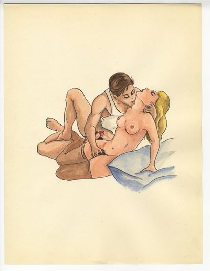 null [Artiste non identifié]. Intimités, vers 1950. 9 dessins à l'encre et à l'aquarelle,...
