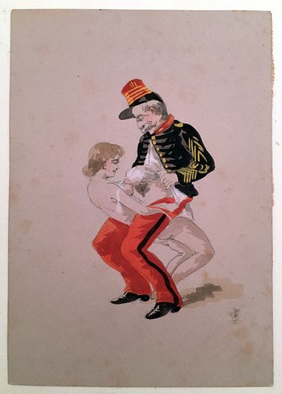 null [ROBERTY]. Fille à soldats vers 1890. 3 aquarelles, 15 x 10,5 cm chacune.