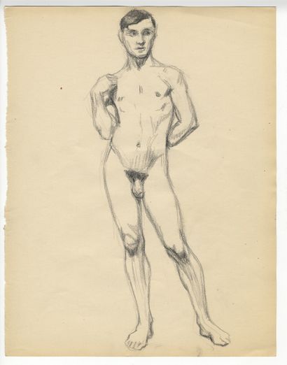 null [GAY INTEREST]. Études de nus maculins, vers 1930. 12 dessins d'atelier au crayon,...