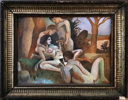 null [Unidentified Artist] Orgy scene at the foot of the tree, 2010. Oil on wood,...