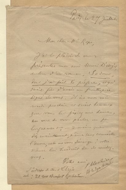 null Paul VERLAINE. Signed autograph letter, addressed to Félicien ROPS. In Gustave...