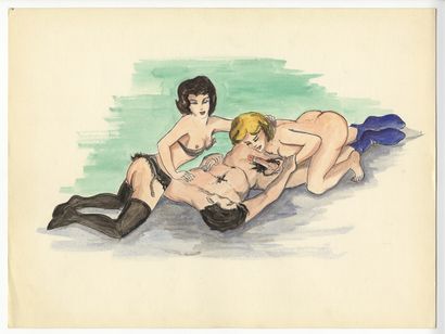 null [Artiste non identifié]. L'amour à plusieurs, vers 1950. 9 dessins à l'encre...