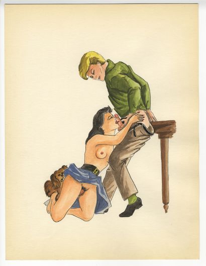 null [Unidentified Artist] Intimacies, ca. 1950. 9 ink and watercolour drawings,...
