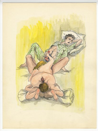 null [Artiste non identifié]. L'amour à plusieurs, vers 1950. 9 dessins à l'encre...