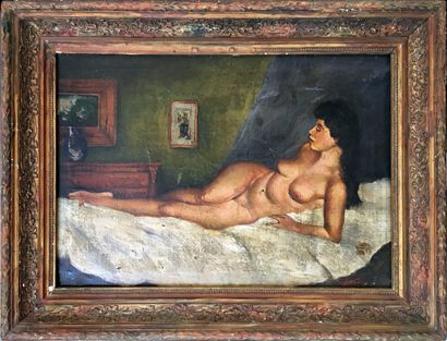 null [Artiste non identifié]. Étude de nu, vers 1950. Huile sur toile, 35 x 49,3...