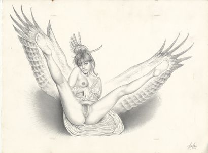 null ASLAN. L'Ange exhibitionniste, vers 1980. Dessin au crayon, 29,8 x 39,8 cm....