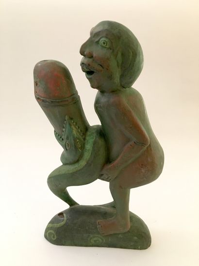 null BALI. Ithyphallic with snake, mid 20th century. Wood carving, 35 cm.