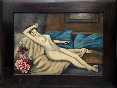 null L. VICENTE. Le Grand Nu aux roses, vers 1950. Huile sur bois, 60 x 85 cm. Dans...
