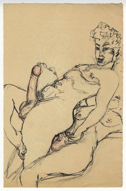 null [GAY INTEREST]. Hommes entre eux, vers 1950. 12 dessins et esquisses explicites...