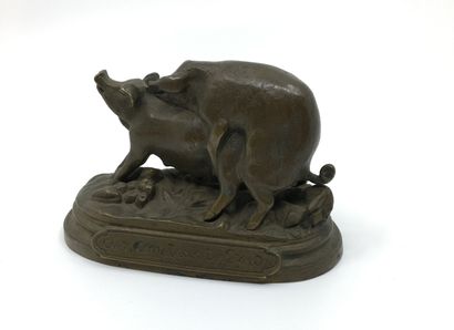 null CURIOSA. ANIMAL BRONZE. To Lard Lovers, circa 1900. Bronze titled with brown...