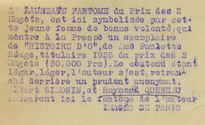 null HISTOIRE d'O. Albert SIMONIN (1905-1980) écrivain et Raymond QUENEAU (1903-1976)...