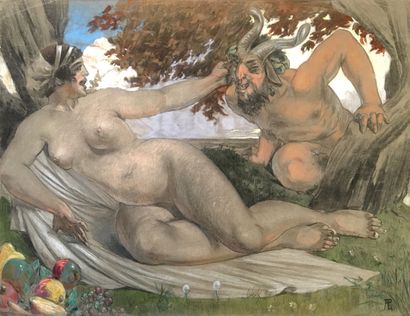 null André Pierre LUPIAC (1873-1956). Faun surprising a nymph. Pastel on paper, 49...