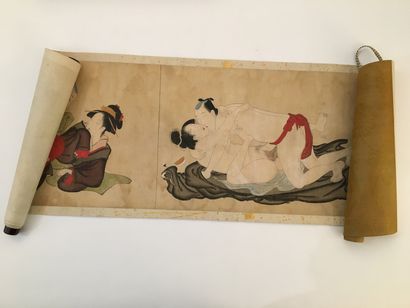 null JAPON. Kakémono, Japon, vers 1900. Gouache sur tissu fin contrecollé sur papier,...