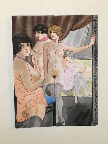 null Léon COURBOULEIX (1887-1972). Filles de maison close, vers 1935. 3 aquarelles...