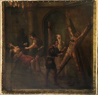 null A. SONTHONAX. Scene of torture. 2 oils on canvas forming a pair, 100 x 100 cm...