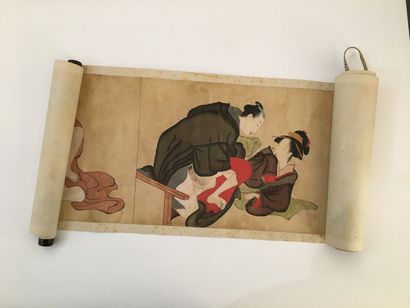 null JAPON. Kakémono, Japon, vers 1900. Gouache sur tissu fin contrecollé sur papier,...