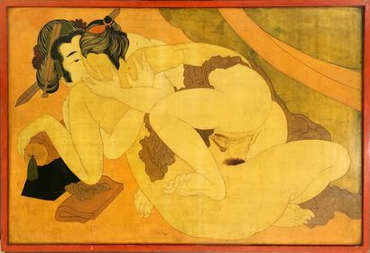 null JAPON. SHUNGA. xxe siècle. Panneau laqué style japonisant, 80 x 122 cm.