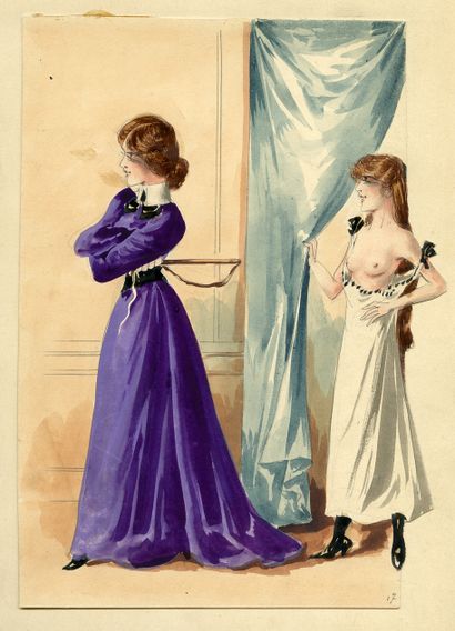 null ROBERTY. Domination féminine, vers 1890. 2 dessins à l'aquarelle 23,3 x 15 cm...