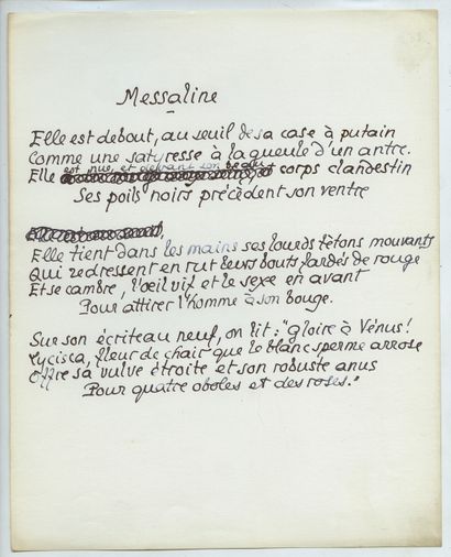 null Pierre LOUŸS. Messaline et divers, circa 1900. 4 handwritten sheets in ink,...