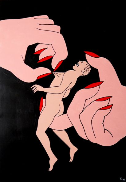 null YXES (né en 1959). Femme et homme, 2018. 4 dessins à l'encre de Chine et à l'acrylique...