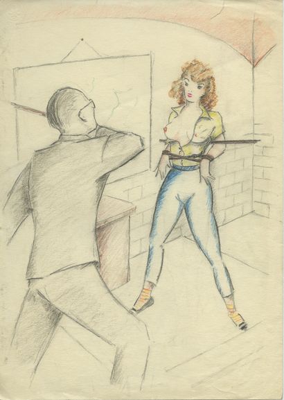 null Unidentified artists]. Scenes of Flogging, ca. 1950-1960. 12 original ink drawings,...