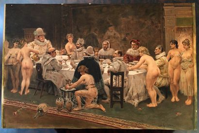null Jules Arsène GARNIER (1847-1889). Scène de banquet, vers 1890. Chromotypie,...