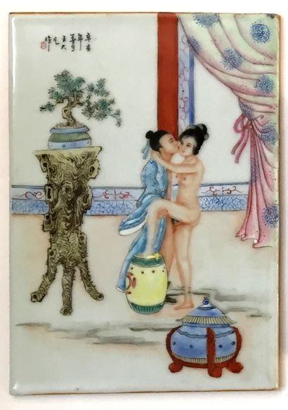 null CHINA. Marital scenes, 20th century. 3 earthenware tiles, one 36,5 x 25 cm,...